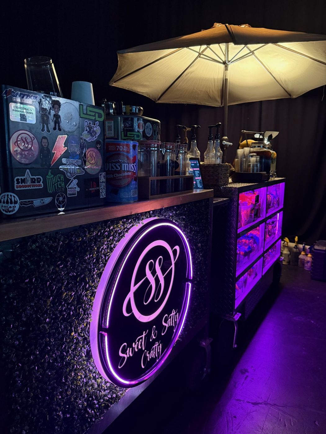 The S&S coffee bar with its glowing logo